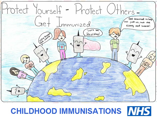 drawing of some people on the planet earth saying protect yourself and protect others by getting immunised