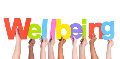 Hands holding up letters to make the word wellbeing